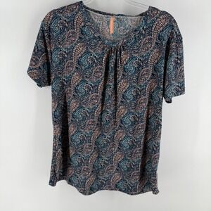 LIN&LLI Plus Size 2X Paisley Print Short Sleeve Gathered Neck Blouse Top